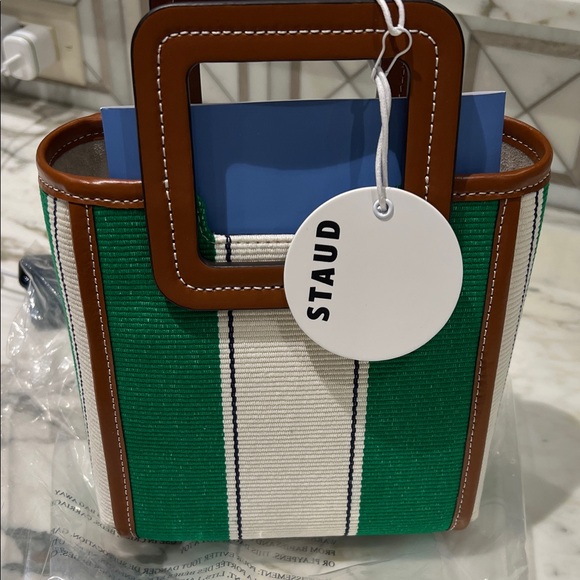 STAUD Handbags - STAUD Green and Cream Tote with Brown Trim